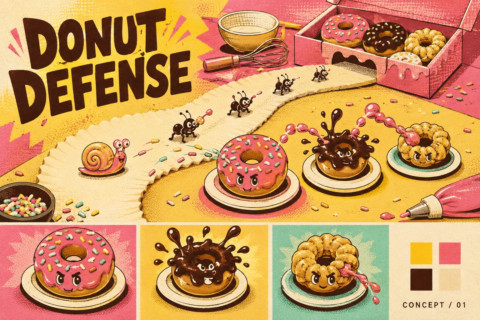 Colorful donut defenders guarding their bakery from mischievous bugs